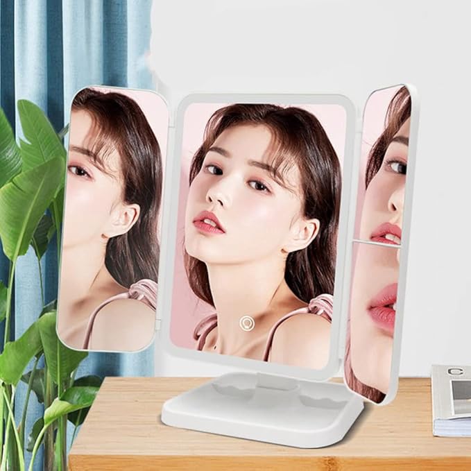 Miroir de maquillage avec lumières LED - Miroir de maquillage pliable à trois côtés - Miroir grossissant à trois côtés - Miroir de courtoisie portable et pliable - Miroir de maquillage de bureau