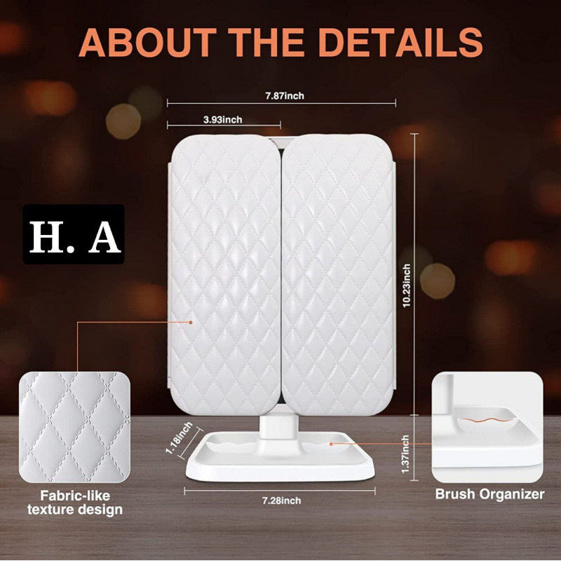 Miroir de maquillage avec lumières LED - Miroir de maquillage pliable à trois côtés - Miroir grossissant à trois côtés - Miroir de courtoisie portable et pliable - Miroir de maquillage de bureau