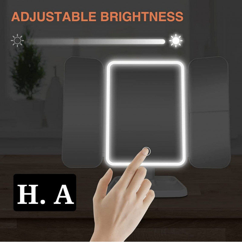 Miroir de maquillage avec lumières LED - Miroir de maquillage pliable à trois côtés - Miroir grossissant à trois côtés - Miroir de courtoisie portable et pliable - Miroir de maquillage de bureau